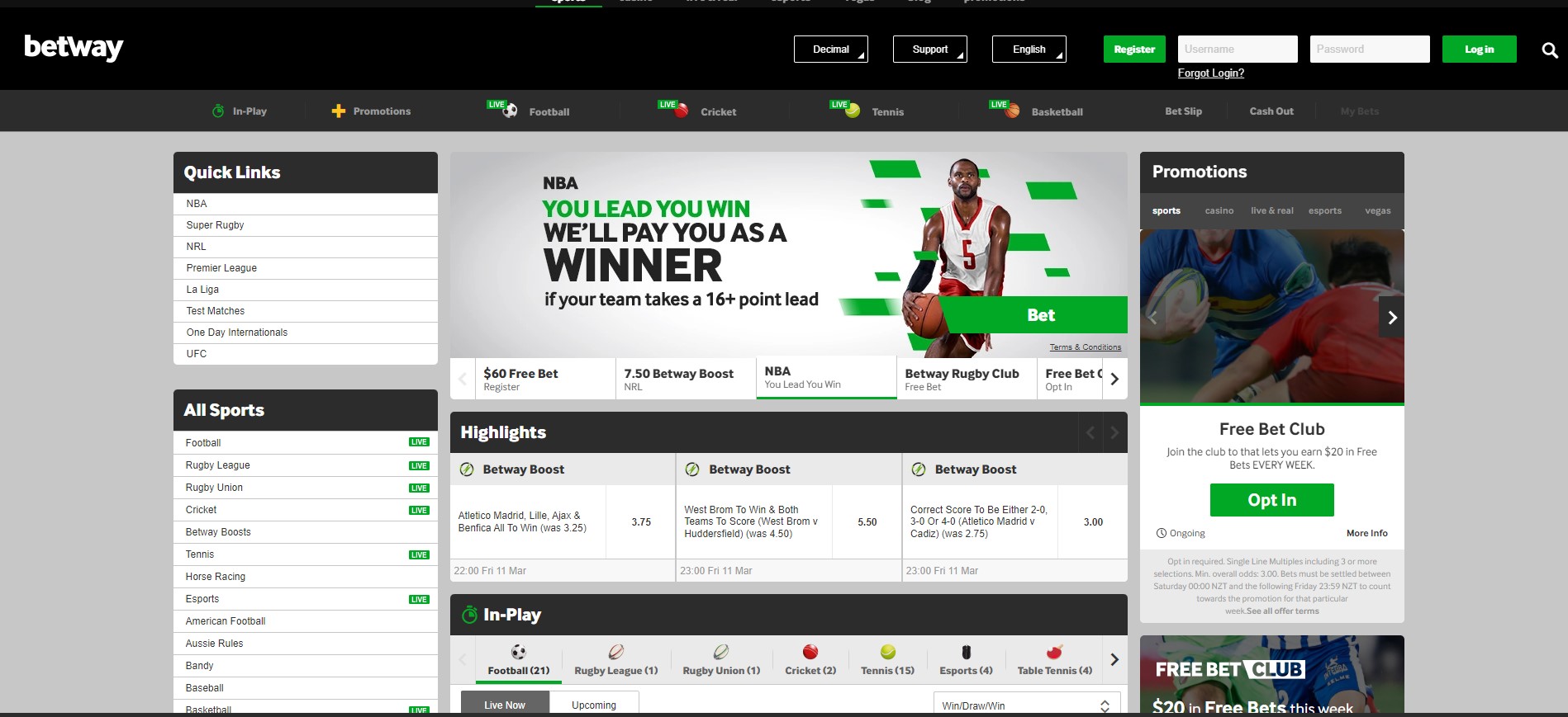 betway sport betting dashboard