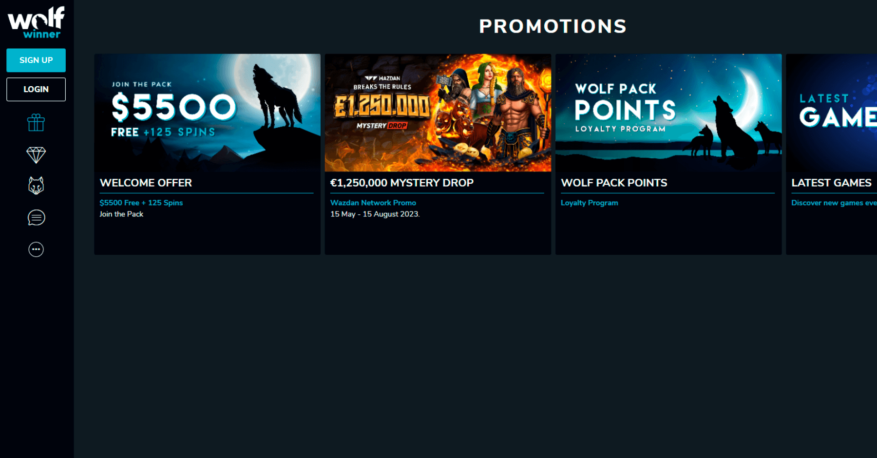 Wolf Winner Casino promotional offers and login page interface